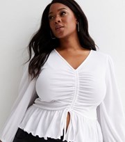 New Look Curves White Ribbed Ruched Puff Sleeve Peplum Top